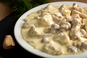 Chicken meat with mushrooms and cream
