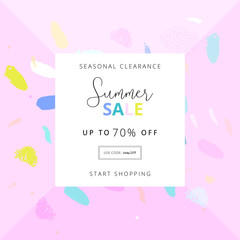 Summer social media banner with abstract hand drawn colorful brush painting confetti background