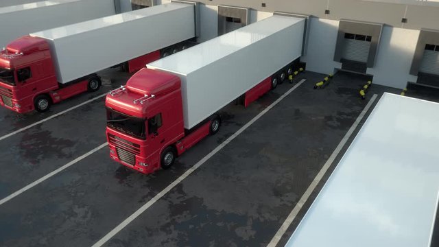 Red semi trucks docking onto warehouse dock to load or unload goods. High parallel tracking shot. Seamless loop. Realistic high quality 3d animation.