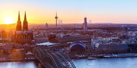 Cologne Cathedral church panorama panoramic view Germany skyline city town sunset bridge