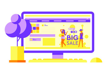 Women enjoy shopping and discounts. Women love their body, body positive, feminism. Big sizes. Sick summer sale, big discounts. Flat style. On the computer screen the website of the online store