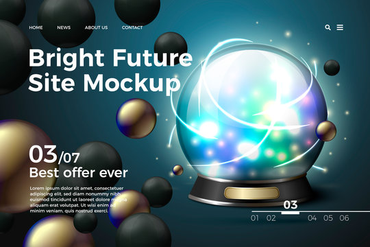 Vector realistic 3d fortune teller cristall ball on modern site template with typographic background. Mock-up for product package branding.