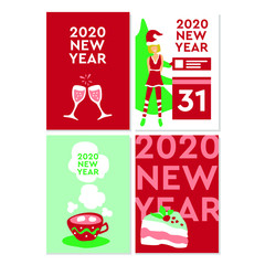 Set of 4 greeting cards for New Year 2020. Posters with champagne, a cup of cocoa, cake, spruce, elf. Vector illustration in flat style.