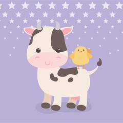 cute cow and chick animals farm characters