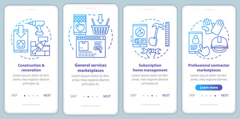 Online marketplaces onboarding mobile app page screen vector template. E commerce, customer services walkthrough website steps with linear illustrations. UX, UI, GUI smartphone interface concept