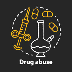 Drug abuse chalk concept icon. Narcotic, opioid addiction idea. Bong, syringe and pills. Cocaine, heroin and marijuana. Substance abuse. Vector isolated chalkboard illustration