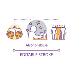 Alcohol abuse concept icon. Beer alcoholism thin line illustration. Alcohol dependency. Alcoholic addiction. Pub, bar with friends. Loneliness and depression. Vector isolated drawing. Editable stroke