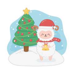 happy merry christmas card with sheep and pine