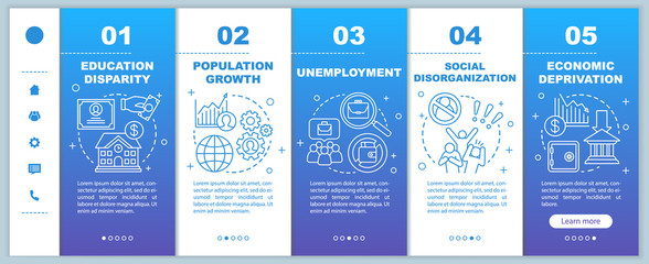 Naklejka premium Social problems onboarding mobile web pages vector template. Unemployment, economic deprivation, population growth. Responsive smartphone website interface idea Webpage walkthrough step screens