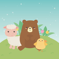 Obraz na płótnie Canvas cute bear and sheep and chick animals farm characters