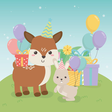 cute fawn and rabbit in birthday party scene