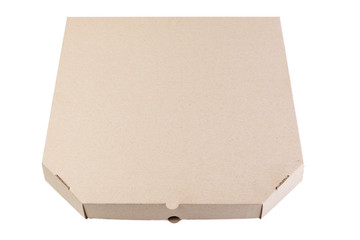 Close-up of a cardboard pizza box. Box isolated on a white background.