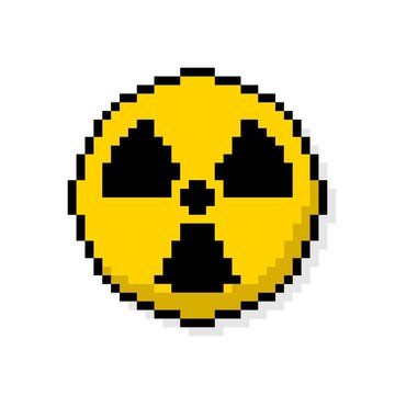 Pixel art hazard orange sign radiation shadows - isolated vector illustration