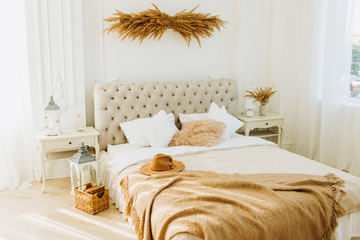Luxury bed in rustic style. Room interior