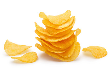 Delicious potato chips, isolated on white background
