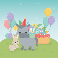 Obraz na płótnie Canvas cute hors and rabbit in birthday party scene