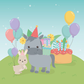 cute hors and rabbit in birthday party scene