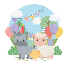 Obraz na płótnie Canvas group of cute animals farm in birthday party scene