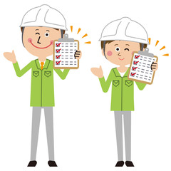 ポップな黄緑の制服の作業員　男女　チェックリストを持つ