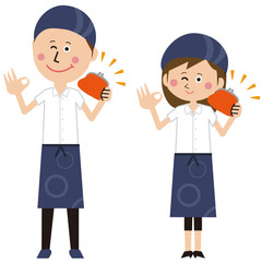 ポップな居酒屋店員の男女が財布を持つ