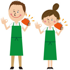 ポップな緑のエプロンをした男女が財布を持つ