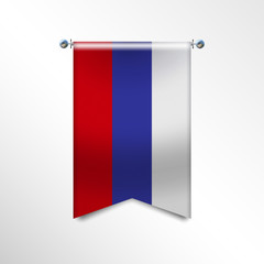 Flag of RUSSIA with texture. Realistic vector banner Hanging on a Silver Metallic Poles.Triangle flag hanging. Vertical russian icon template isolated on a white background.National flag concept.EPS10