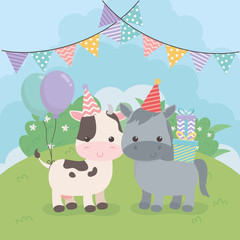 Obraz na płótnie Canvas cute hors and cow in birthday party scene