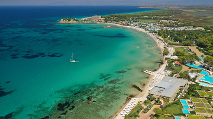 Aerial drone photo from iconic village of Sani with unique nature in North Kassandra peninsula,...