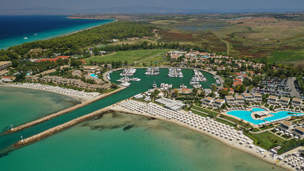 Aerial drone photo from iconic village of Sani with unique nature in North Kassandra peninsula, Halkidiki, North Greece