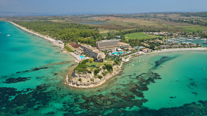 Aerial drone photo from iconic village of Sani with unique nature in North Kassandra peninsula,...