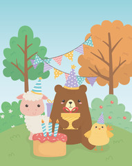 cute bear teddy and sheep with chick in birthday party scene