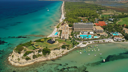 Aerial drone photo from iconic village of Sani with unique nature in North Kassandra peninsula,...