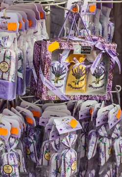 Avignon,France-November 02,2013: Close-up image of little sacks with lavender sold on street stands as souvenirs in Avignon.