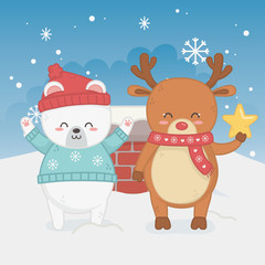 happy merry christmas card with bear teddy and deer