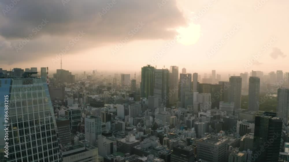 Poster Tokyo skyline at sunrise, Japan - 4k Aerial drone footage