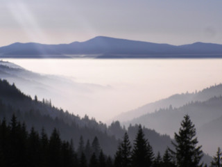 Plakat landscape with fog in the valleys