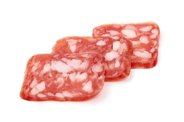 Sliced square salami, isolated on white background