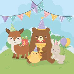 group of cute animals farm in birthday party scene