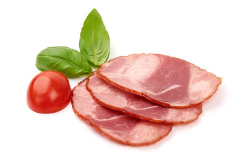 Krakow smoked sausage, dried ham, isolated on white background