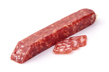 Dried Square sausage, dry salami, isolated on white background