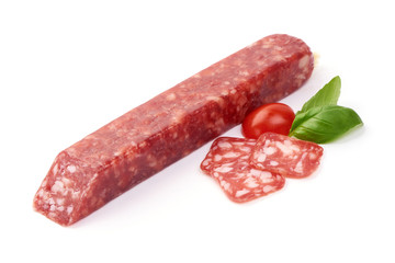 Dried Square sausage, dry salami, isolated on white background