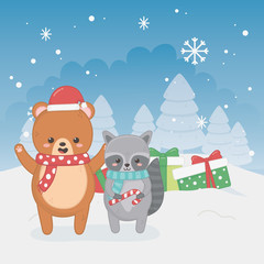 happy merry christmas card with bear teddy and raccoon