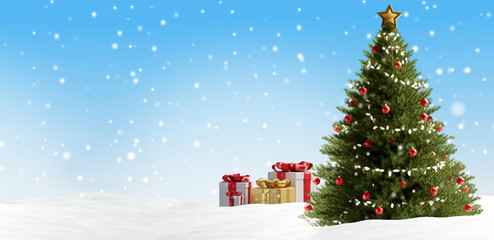 Christmas presents and tree background 3d-illustration