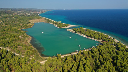Fototapeta premium Aerial drone view of iconic sandy bay and turquoise beach of Galrokavos in Kassandra Peninsula, Halkidiki, North Greece