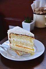 Slice of white sponge cake on the dark background