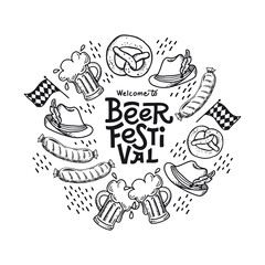 Set Oktoberfest contour vector lettering. Phrase inside round frame drawing. Advertising inscription in  Border, beer mug, pretzel, sausage, Bavarian flag. Beer festival menu template.