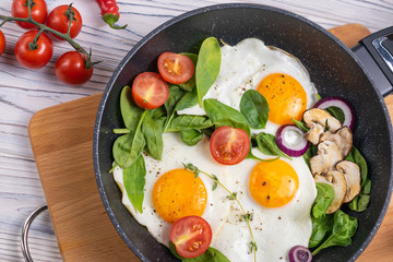 Breakfast served in frying pan, eggs, tomatoes with mushrooms and fresh spinach leaves