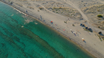 Aerial drone view of iconic Possidi sandy beach, paradise cape and Peninsula in Kassandra, Halkidiki, North Greece
