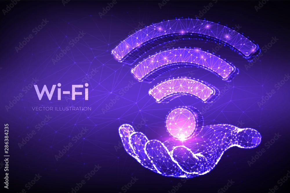 Poster wi-fi network icon. low poly abstract wi fi sign in hand. wlan access, wireless hotspot signal symbo