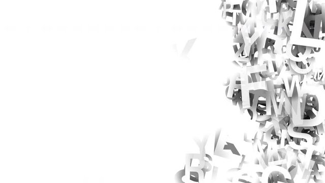 A collection of letters slow moving randomly on an isolated white background, 3D abstract animation with random letters